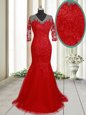 Mermaid Clasp Handle V-neck Half Sleeves Homecoming Dress With Brush Train Lace Red Tulle