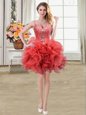 Sexy Organza Straps Sleeveless Lace Up Beading and Ruffles Prom Evening Gown in Coral Red