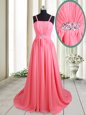 Straps Pink Sleeveless Chiffon Brush Train Lace Up Prom Gown for Prom