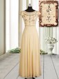 Scoop Cap Sleeves Evening Dress Floor Length Beading Champagne Chiffon