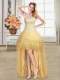 Designer Sequins Gold Sleeveless Tulle Lace Up Evening Dress for Prom and Party