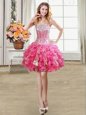 Captivating Sleeveless Organza Mini Length Lace Up Prom Dress in Hot Pink for with Beading and Ruffles and Sequins