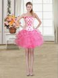 Glamorous Rose Pink Organza Lace Up Strapless Sleeveless Mini Length Hoco Dress Beading and Appliques and Ruffles