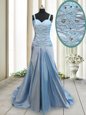 Deluxe Elastic Woven Satin Straps Sleeveless Sweep Train Criss Cross Beading Prom Party Dress in Light Blue