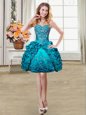 Teal Organza and Taffeta Lace Up Prom Evening Gown Sleeveless Mini Length Beading and Embroidery and Pick Ups