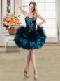 Sleeveless Organza and Tulle Mini Length Lace Up Prom Gown in Blue And Black for with Beading and Ruffles and Hand Made Flower