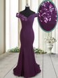Dark Purple Mermaid Chiffon Off The Shoulder Sleeveless Beading and Sequins Zipper Brush Train