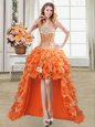 Sleeveless High Low Beading and Ruffles and Sequins Lace Up Prom Evening Gown with Orange
