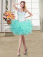Sophisticated Straps Aqua Blue Organza Lace Up Prom Dresses Sleeveless Mini Length Beading and Ruffles