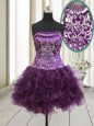 Dark Purple Lace Up Strapless Beading and Ruffles Club Wear Organza Sleeveless