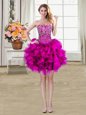 Modern Beading and Ruffles Cocktail Dresses Fuchsia Lace Up Sleeveless Mini Length