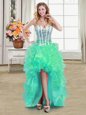 Turquoise Ball Gowns Beading and Ruffles Prom Party Dress Lace Up Organza Sleeveless High Low