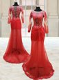 Delicate Red Scoop Neckline Appliques Prom Evening Gown Long Sleeves Side Zipper
