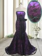 Perfect Mermaid Purple Satin and Lace Lace Up Homecoming Dress Sleeveless With Train Sweep Train Bowknot and Belt