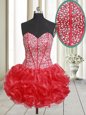 Captivating A-line Prom Evening Gown Red Sweetheart Organza Sleeveless Mini Length Lace Up