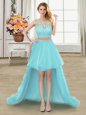 Popular Aqua Blue A-line Tulle Scoop Sleeveless Beading High Low Zipper Evening Dress