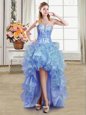 Sequins High Low Ball Gowns Sleeveless Blue Prom Evening Gown Lace Up