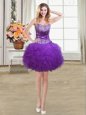 Eggplant Purple Ball Gowns Sweetheart Sleeveless Tulle Mini Length Lace Up Beading and Ruffles Prom Dresses