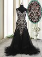 Mermaid Spaghetti Straps Sleeveless Prom Evening Gown With Brush Train Beading and Appliques Black Tulle