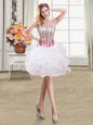 Sleeveless Mini Length Beading and Ruffles Lace Up with White