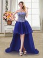Traditional Beading Celebrity Style Dress Royal Blue Lace Up Sleeveless High Low