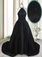 Black Prom Dress Halter Top Sleeveless Brush Train Lace Up