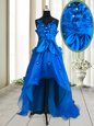 Hot Selling Beading and Appliques and Bowknot Prom Gown Royal Blue Zipper Sleeveless High Low