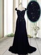 Stunning Navy Blue Zipper Straps Beading Celebrity Style Dress Chiffon Cap Sleeves Brush Train