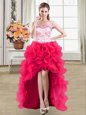 Straps Hot Pink Sleeveless High Low Beading and Lace and Ruffles Lace Up Mother Of The Bride Dress