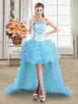 Cute Light Blue Ball Gowns Strapless Sleeveless Tulle High Low Lace Up Beading and Appliques and Ruffles Prom Dresses