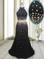 Attractive Black Two Pieces Halter Top Sleeveless Chiffon Floor Length Backless Beading Prom Dress