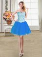Enchanting Blue Sleeveless Mini Length Beading Lace Up Dress for Prom