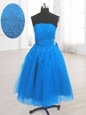 Sleeveless Organza Knee Length Lace Up Dress for Prom in Blue for with Embroidery