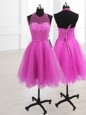 Attractive Sleeveless Organza Knee Length Lace Up Prom Dresses in Fuchsia for with Sequins