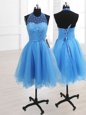 Cute Sleeveless Knee Length Sequins Lace Up Prom Dresses with Baby Blue
