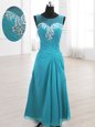 Chiffon Scoop Sleeveless Lace Up Beading and Ruching Womens Evening Dresses in Teal