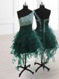 One Shoulder Sleeveless Organza Knee Length Lace Up Prom Evening Gown in Peacock Green for with Beading and Ruffles