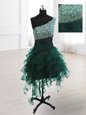 Peacock Green One Shoulder Neckline Beading and Ruffles Homecoming Dress Sleeveless Lace Up