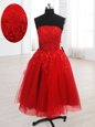 Admirable Red A-line Organza Strapless Sleeveless Embroidery Knee Length Lace Up