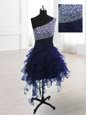 One Shoulder Sleeveless Knee Length Beading Lace Up Prom Dresses with Navy Blue