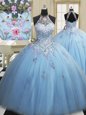 Floor Length Light Blue Vestidos de Quinceanera High-neck Sleeveless Lace Up