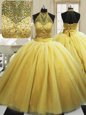 Noble Yellow Lace Up 15th Birthday Dress Beading Sleeveless With Train Sweep Train