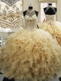 Champagne Ball Gowns Beading and Ruffles Sweet 16 Dress Lace Up Tulle Sleeveless With Train