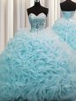 Rolling Flowers Aqua Blue Organza Lace Up Sweetheart Sleeveless 15 Quinceanera Dress Brush Train Beading and Pick Ups
