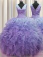 Ideal Zipper Up Lavender 15 Quinceanera Dress Military Ball and Sweet 16 and Quinceanera and For with Ruffles V-neck Sleeveless Zipper