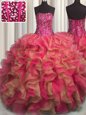 Visible Boning Ball Gowns Sweetheart Sleeveless Organza Floor Length Lace Up Beading and Ruffles Quinceanera Gowns