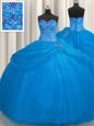 Sumptuous Really Puffy Blue Ball Gowns Beading Quince Ball Gowns Lace Up Tulle Sleeveless Floor Length