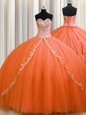 Orange Tulle Lace Up Quinceanera Gowns Sleeveless Brush Train Beading