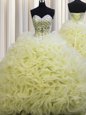 Decent Brush Train Fabric With Rolling Flowers Sweetheart Sleeveless Lace Up Beading and Pick Ups Quinceanera Dresses in Light Yellow