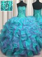 Elegant Visible Boning Beaded Bodice Sleeveless Floor Length Beading and Ruffles Lace Up Sweet 16 Quinceanera Dress with Multi-color